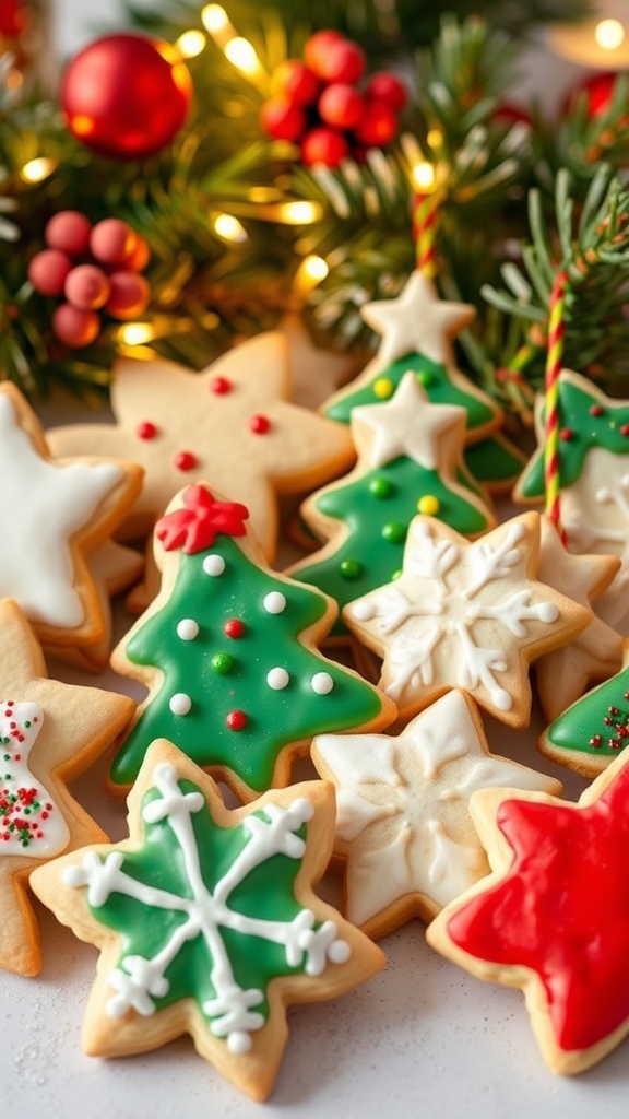 Decorated Christmas sugar cookies in festive shapes with icing and sprinkles on a holiday-themed background.